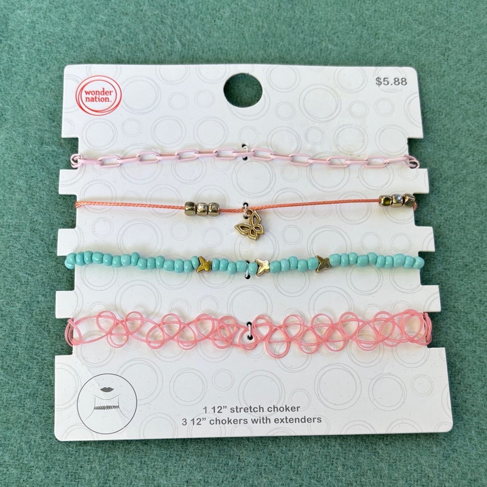 NWT Wonder Nation Pink and Silver Necklace Set 1 12” Stretch Choker 3 Extenders